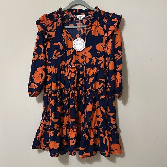 NWT Umgee Midnight Mix Tiered Floral Print 3/4 Sleeve Ruffle Neck Tie Dress - Picture 2 of 6